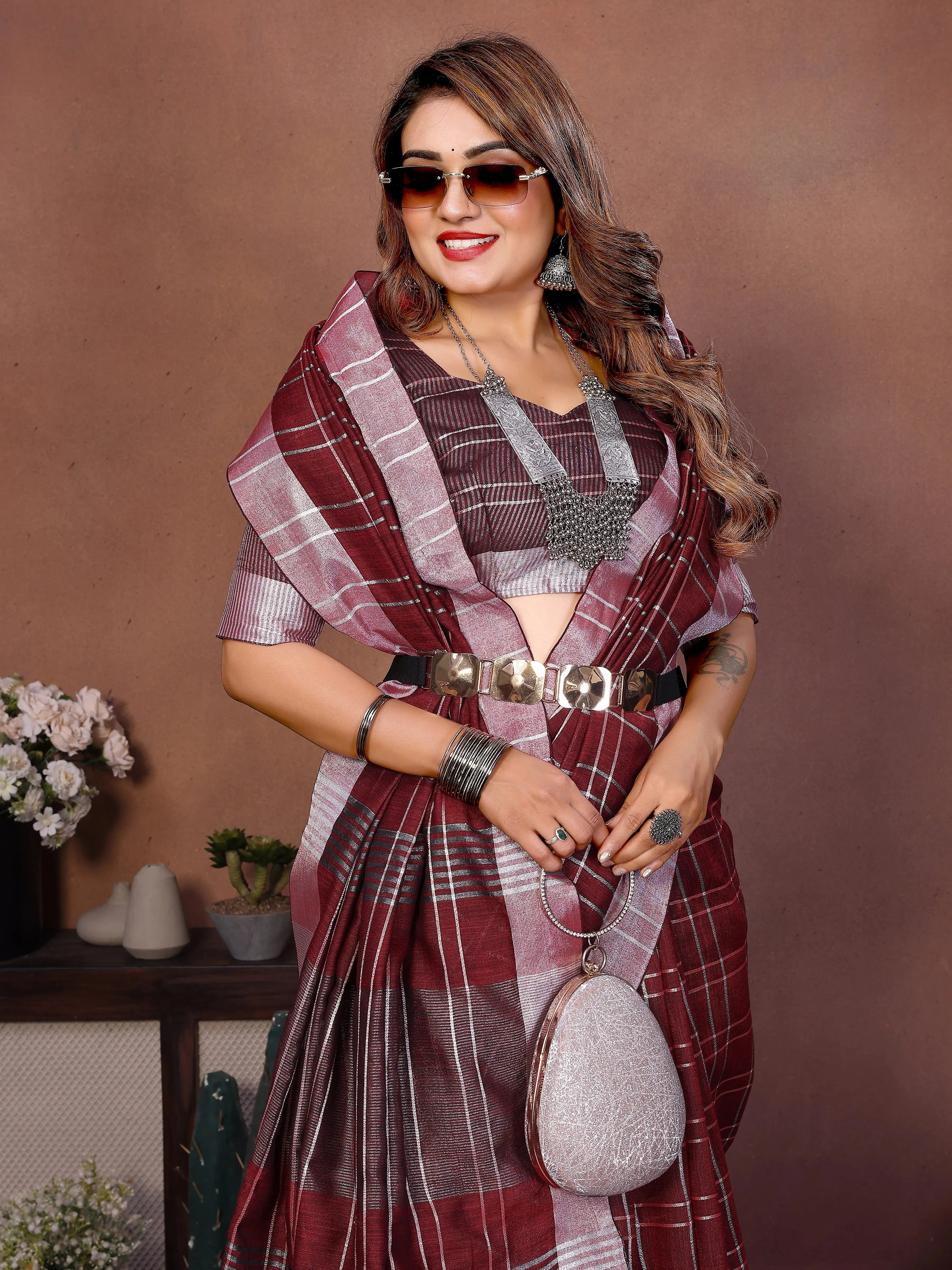 Maroon Ached Weaving Soft Linen Saree – Kalyanja
